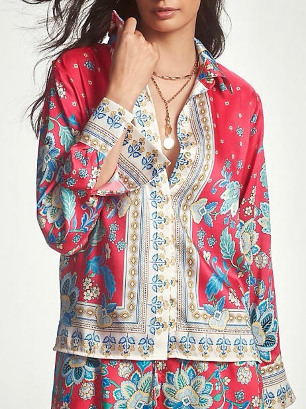 Anthropologie Maeve Pink Blue Scarf Print Long Sleeve Buttondown Blouse Medium